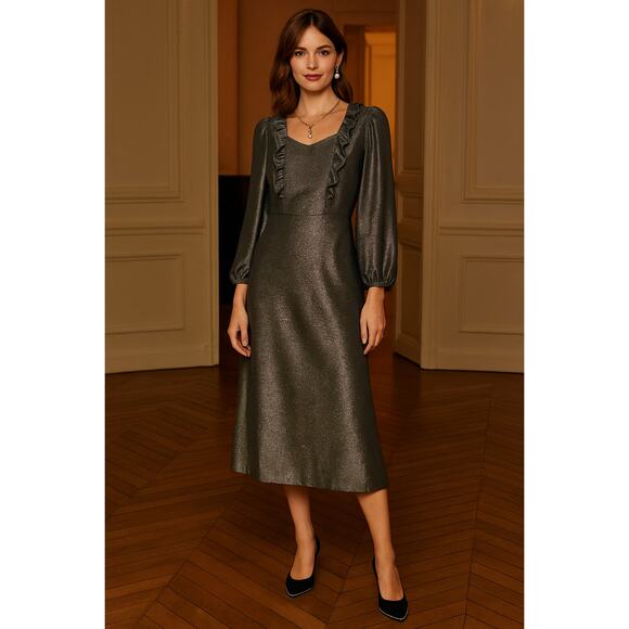 Vintage 70s Metallic Cottagecore Prairie Dress 8 Long Sleeve Holiday Party GLAM - Picture 10 of 11